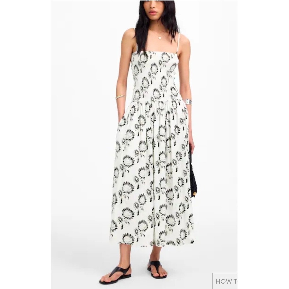 Madewell Women Large White Black Graphic Sunflower Floral Smocked Maxi Dress - Picture 11 of 11
